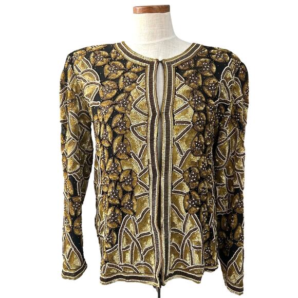 Vintage Handmade Silk Beaded Jacket M Gold India Wearable Art Collector Piece - Picture 2 of 16
